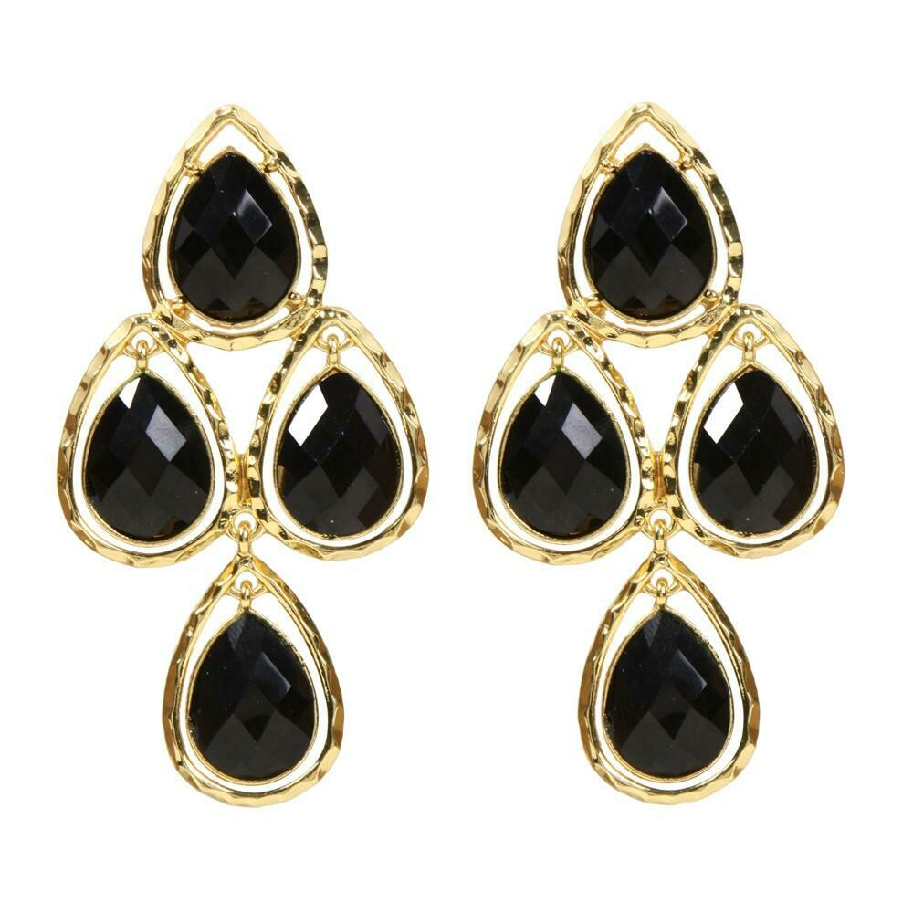 Gold Chandelier Earring Tear Shaped Jet Black