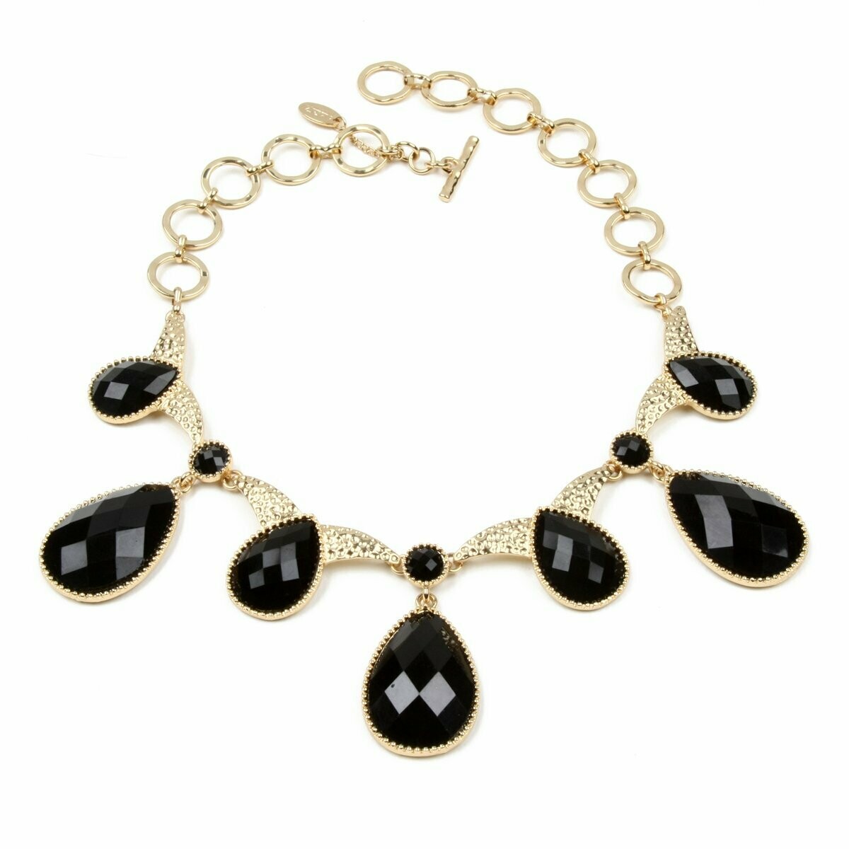 Gold Hammered &amp; Tear Shaped  Black Necklace