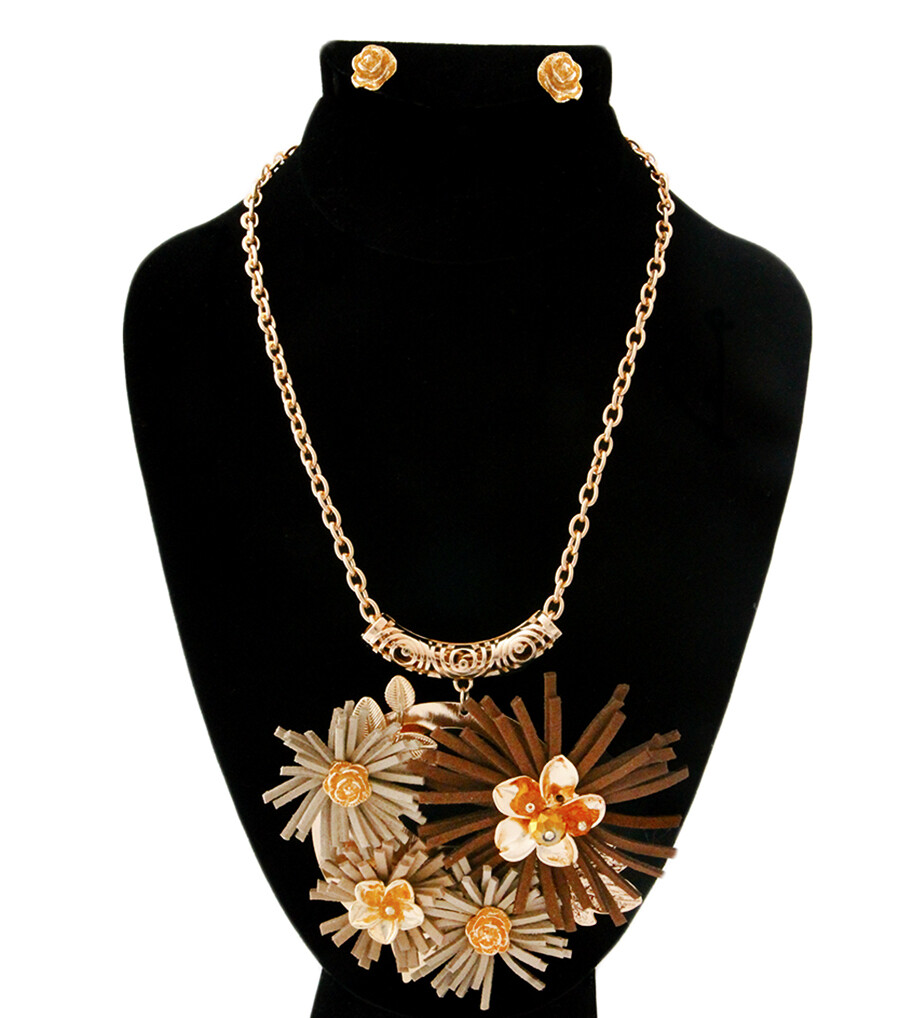 Brown &amp; Tan Suede Flower Gold Necklace &amp; Earring Set