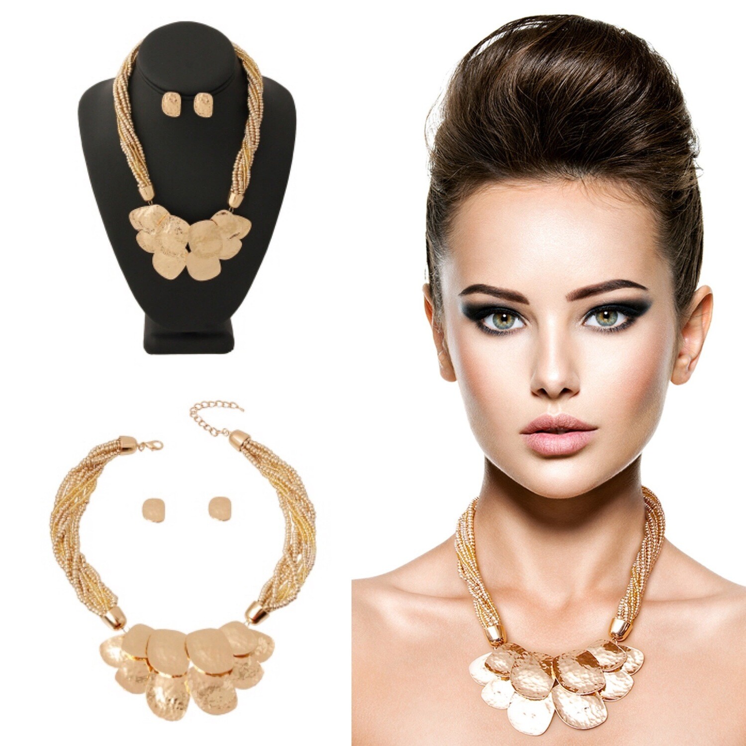 Gold Seed Bead &amp; Hammered Necklace &amp; Earring Set