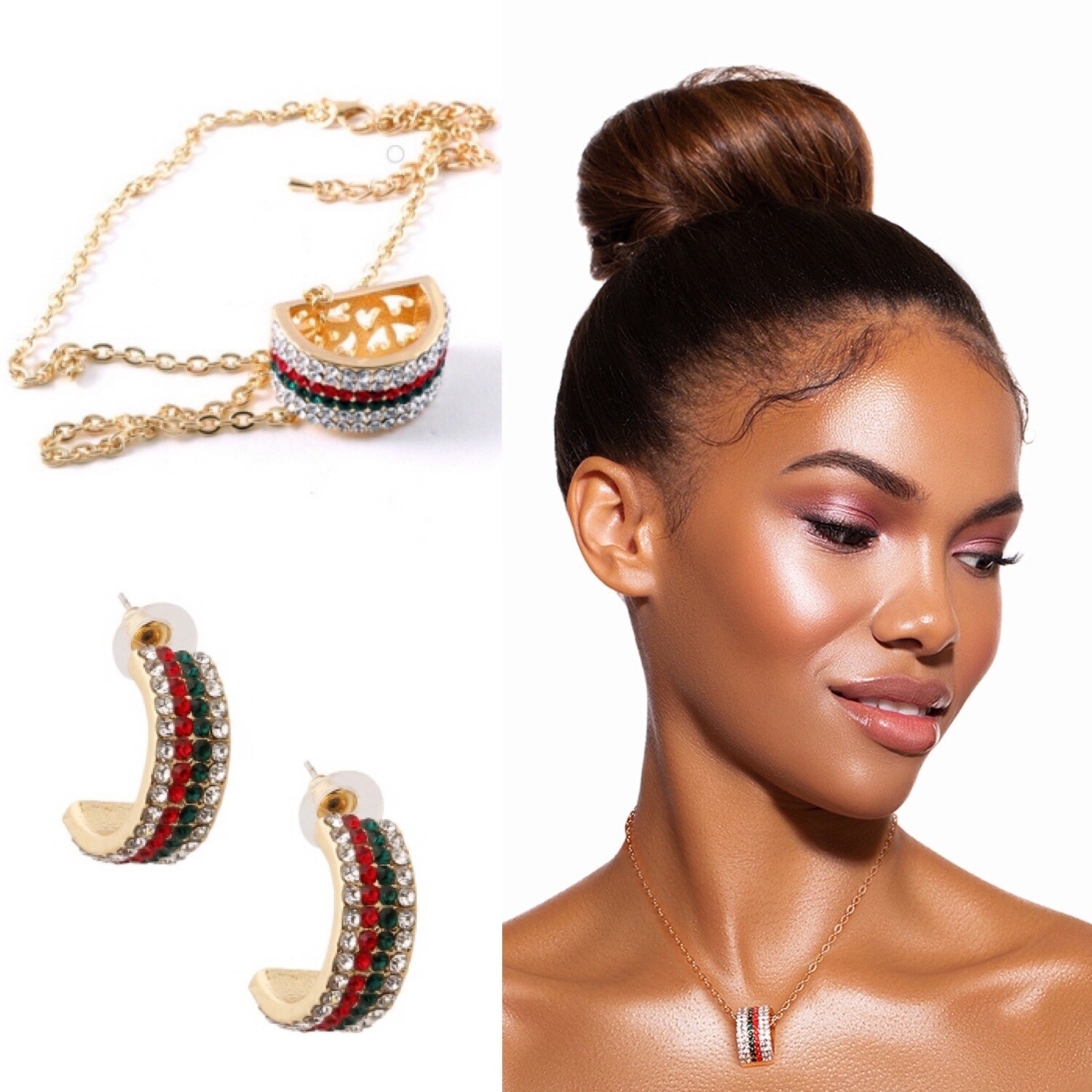 Gold Designer Inspired Red, Green &amp; White Crystal Necklace &amp; Earring Set
