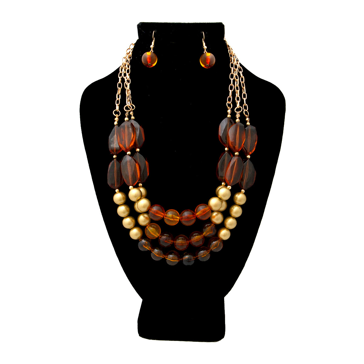 Gold Layered Brown Marbled &amp; Gold  Pearls Necklace &amp; Earring Set