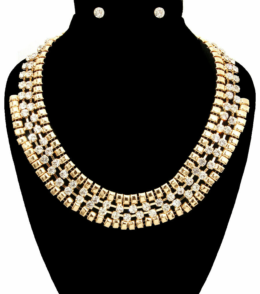 Gold Rhinestone Collar Necklace &amp; Earring Set