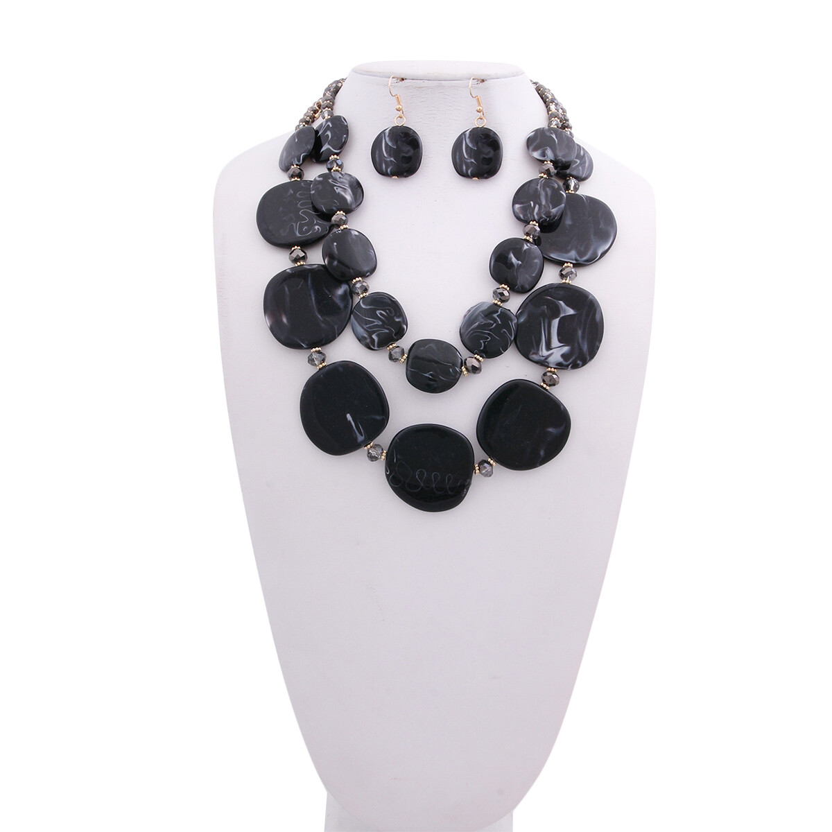 Black &amp; Gray Swirled Resin &amp; Glass Beads Necklace &amp; Earring Set
