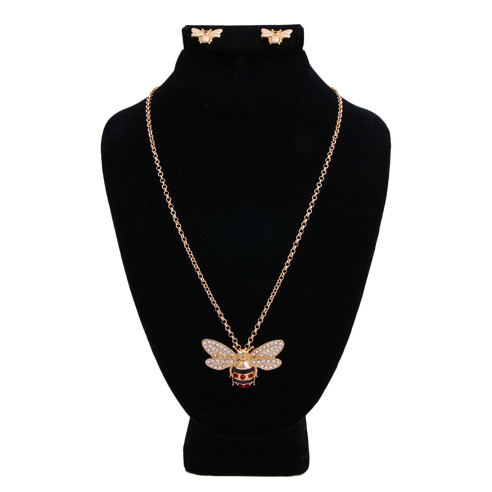 Gucci Inspired Gold &amp; Rhinestone Bee Pin Pendant Necklace &amp; Earring Set