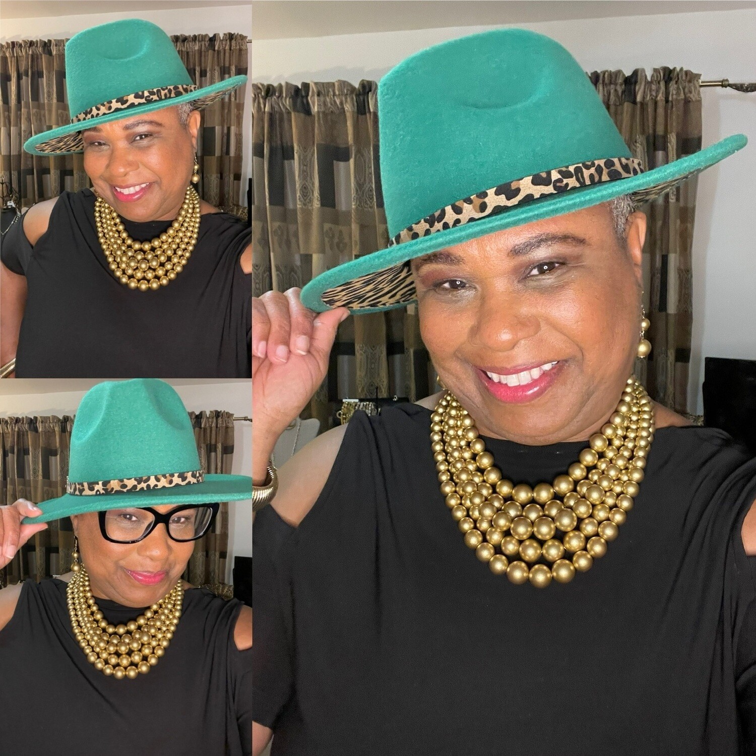 Green Fedora Hat with Leopard Band