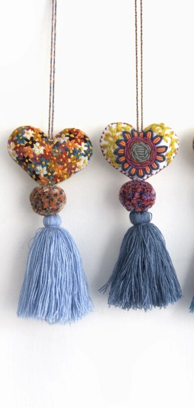 Hand Embroidered Heart Pom Pom Tassel - Blue