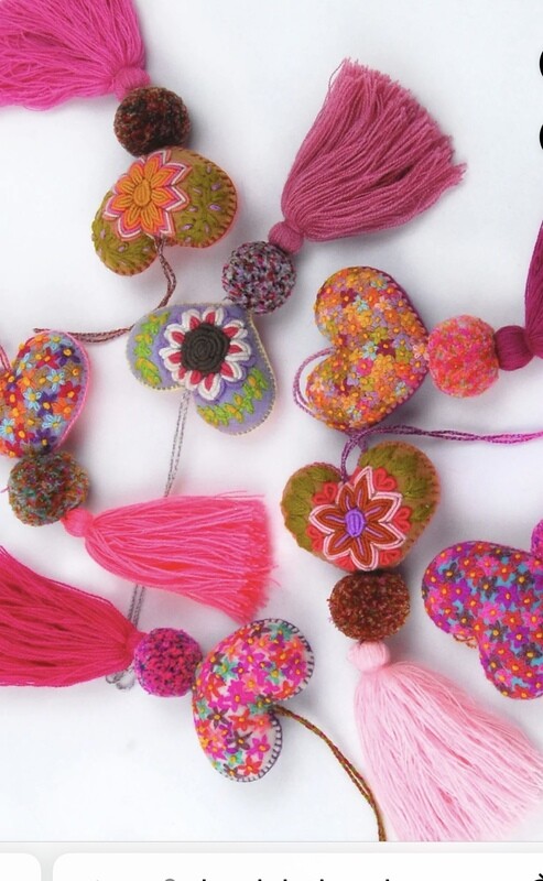 Handmade Embroidered Heart Pom Pom Pink
