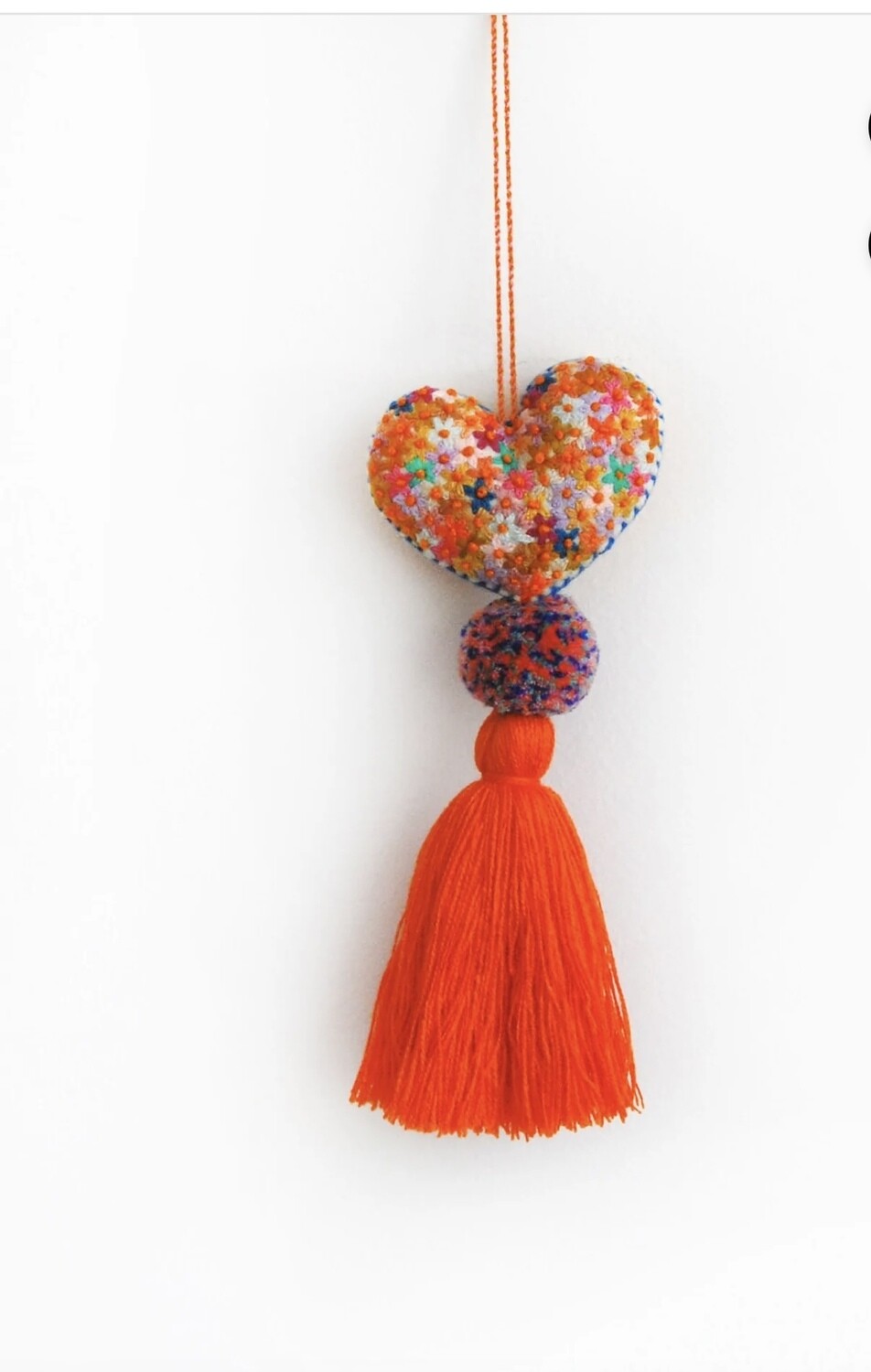 Hand Embroidered Heart Pom Pom Tassel - Orange