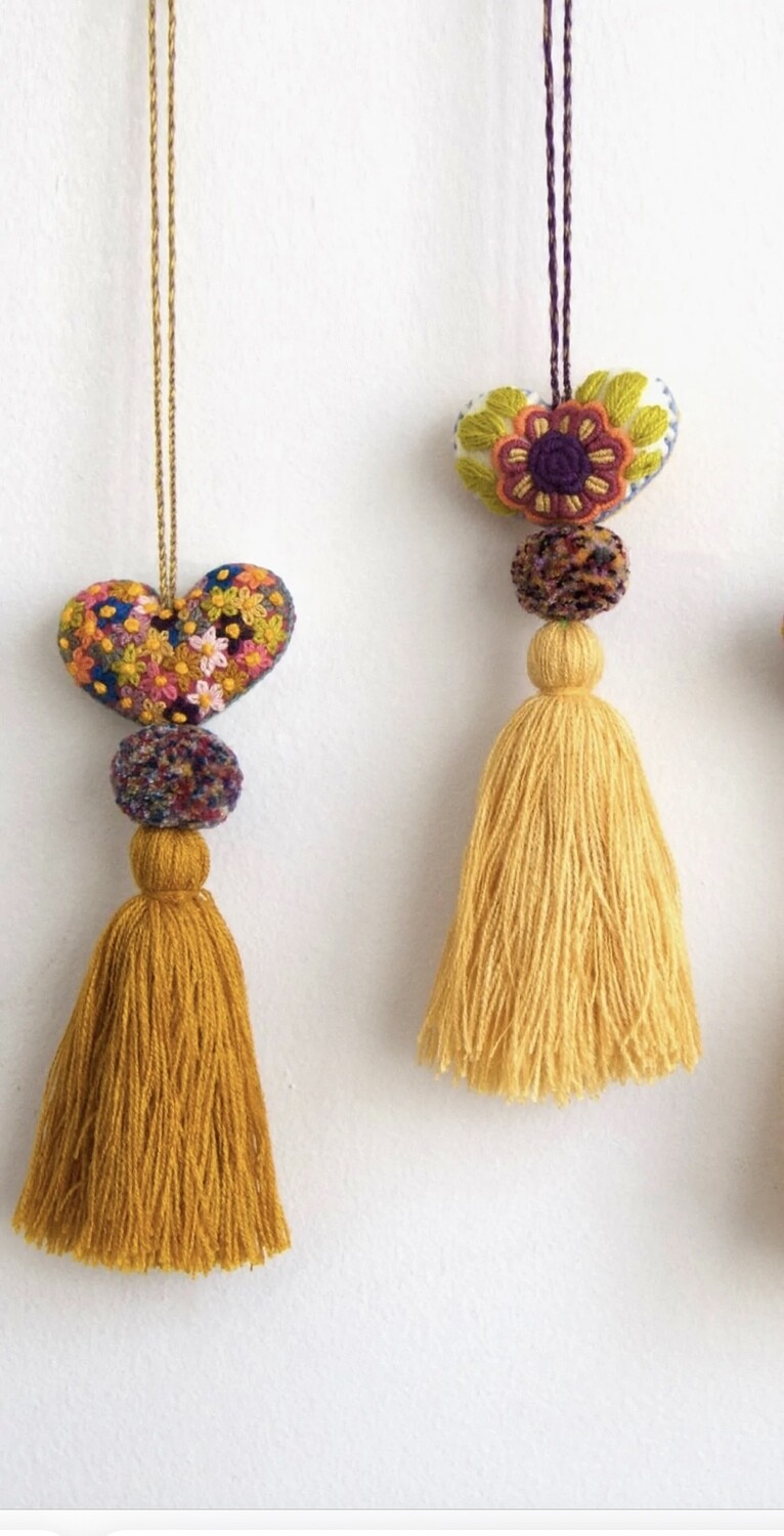 Mini Hand Embroidered Heart Pom Pom Tassel - Shades of Gold / Orange