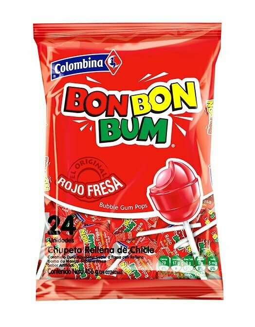 Chupeta Bom Bom Bum Fresa Paq 24 Und 480gr