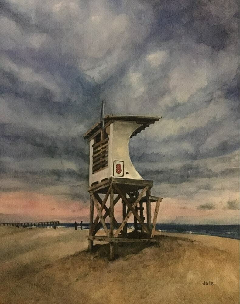 Watercolor of Lifeguard Stand On Beach
