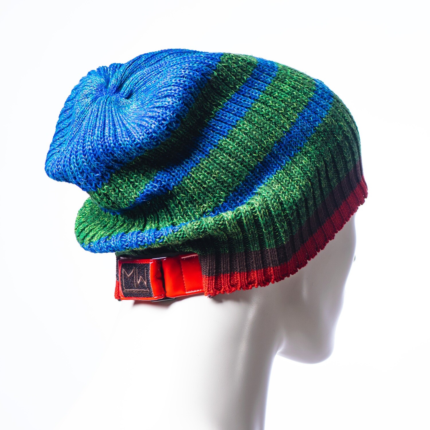 Striped Slouch Skull with Patent Embroidered Logo Strap