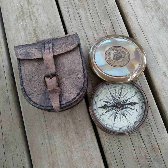 Brass Compass In Leather Pouch