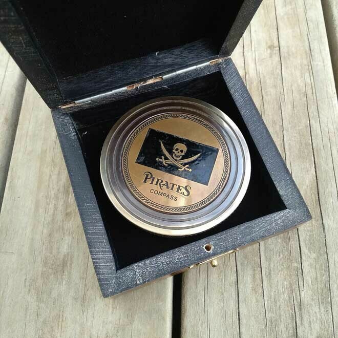 Brass Compass In Timber Box -  Pirate