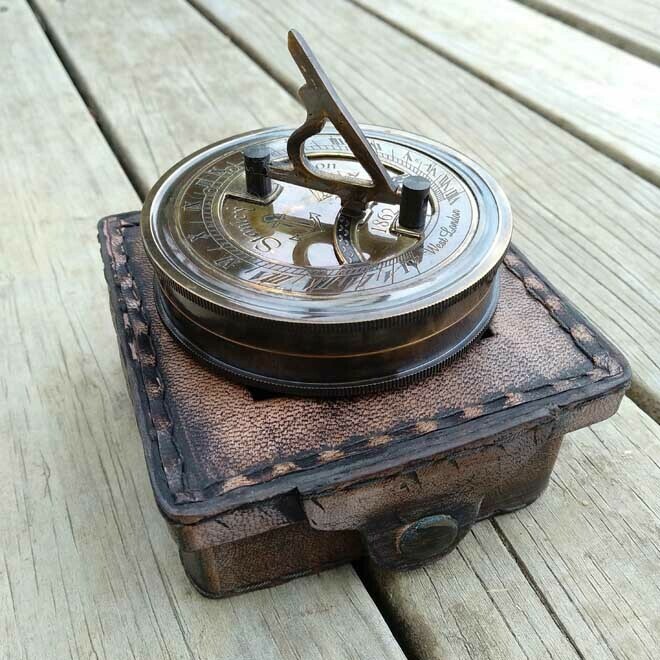 Brass Compass With Sundial In Leather Case