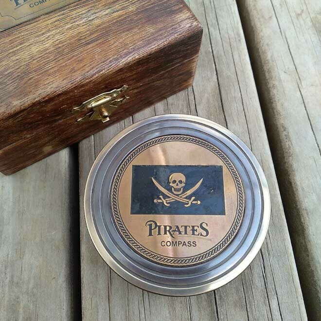 Brass Compass In Timber Box -  Pirate