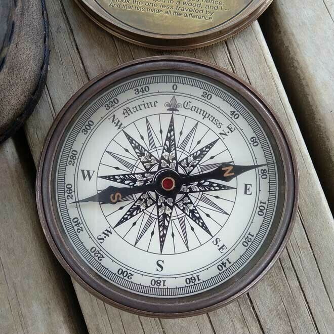 Brass Compass In Leather Pouch