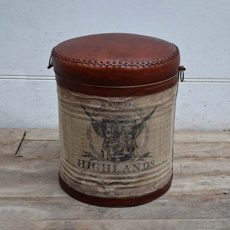 Iron/Canvas/Leather Stool - Steer