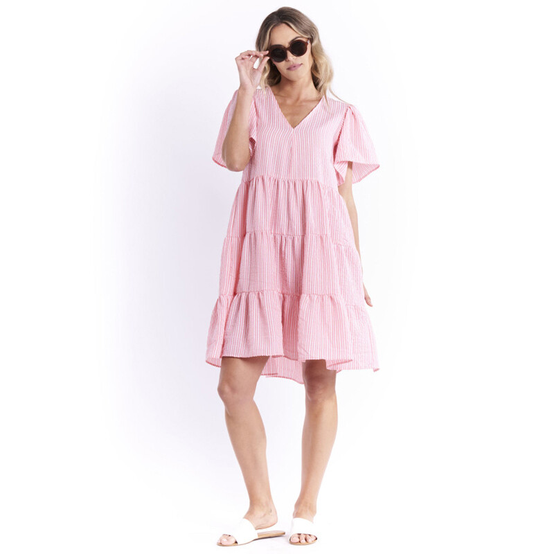 Tia Tiered Dress - Pink Seersucker