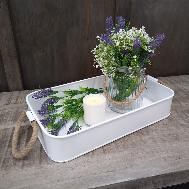 Rect Tray Lg White/Rope