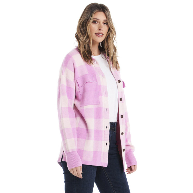 Kasey Knitted Shacket - Pink Check