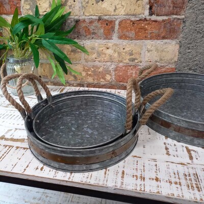 Rnd Tray Galv. Rope/Rustic Detail Med