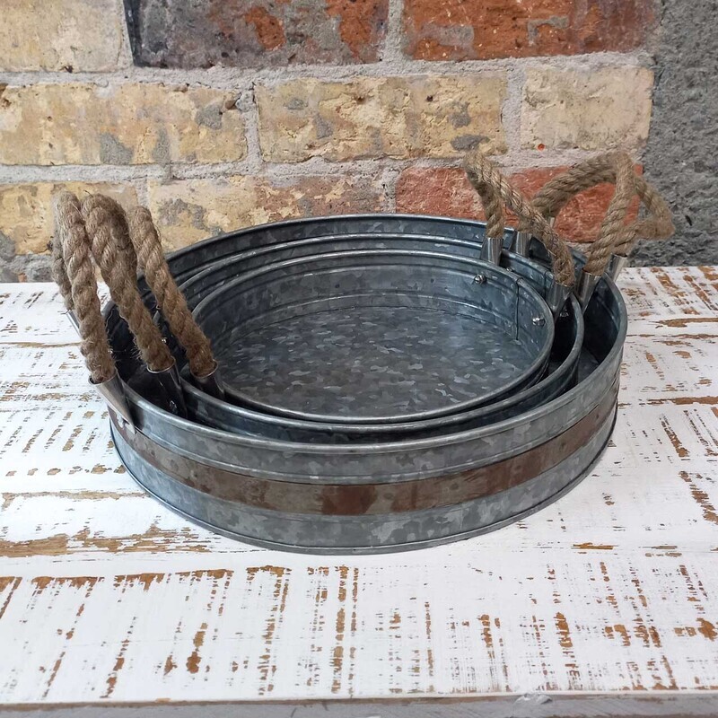 Rnd Tray Galv. Rope/Rustic Detail Sm