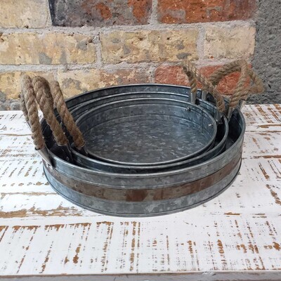 Rnd Tray Galv. Rope/Rustic Detail Sm