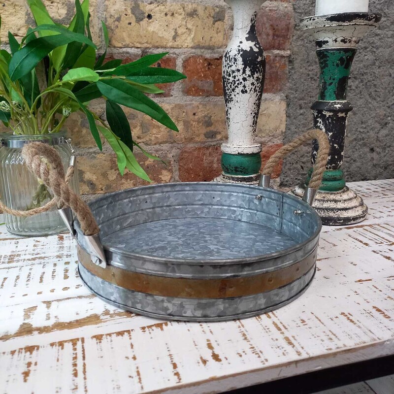 Rnd Tray Galv. Rope/Rustic Detail Med