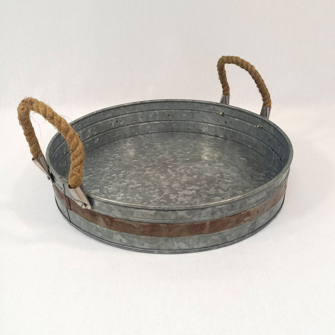 Rnd Tray Galv. Rope/Rustic Detail Lg