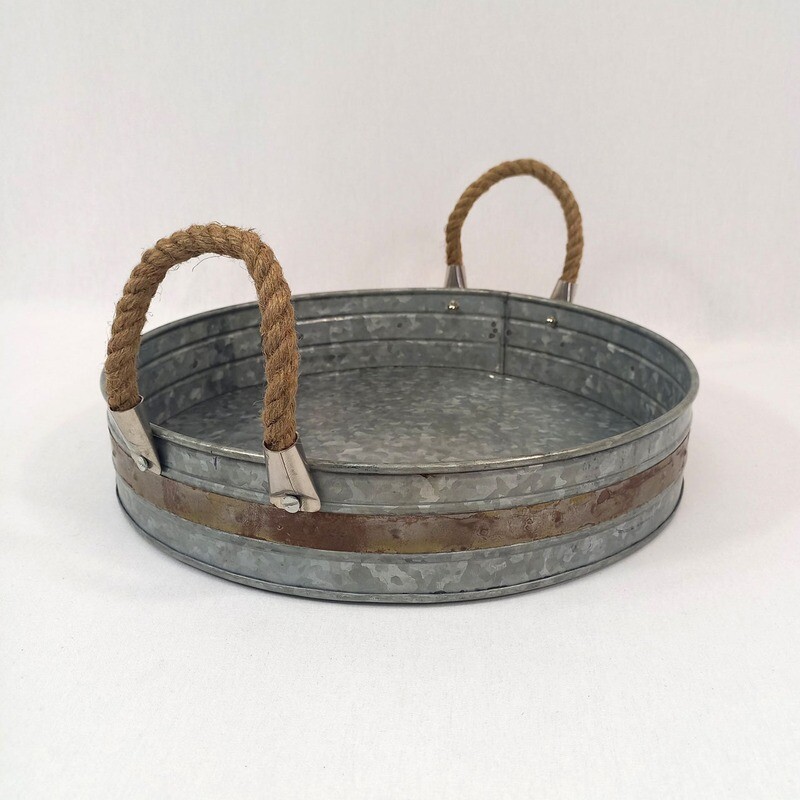 Rnd Tray Galv. Rope/Rustic Detail Lg