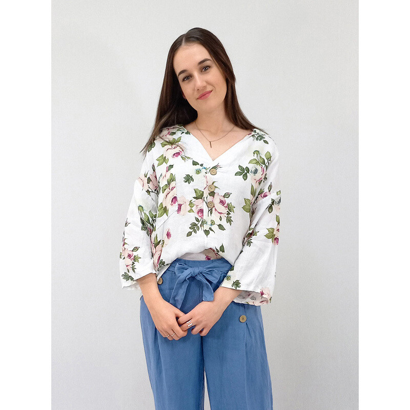 Petra Button V-Neck - Wild Rose, Size: S/M, Colour: White