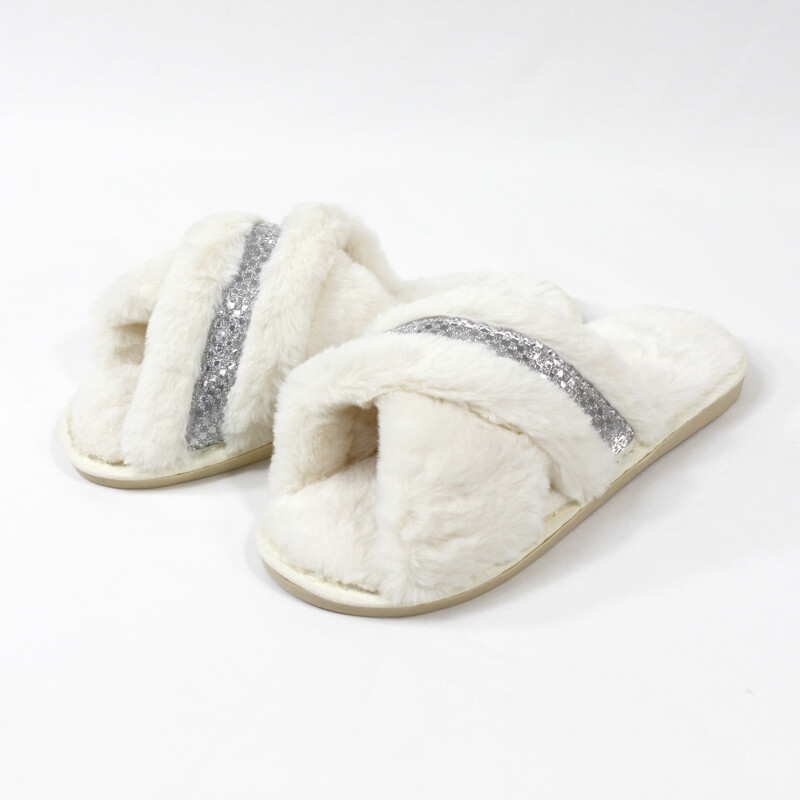 Silver Crossover Plush Slippers - Cream