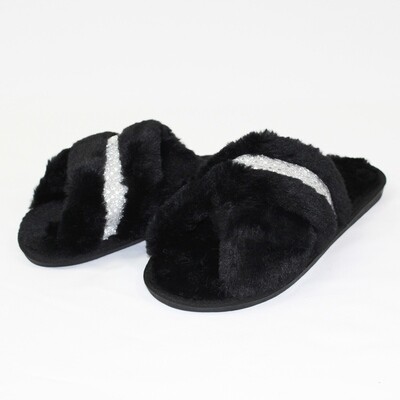 Silver Crossover Plush Slippers - Black