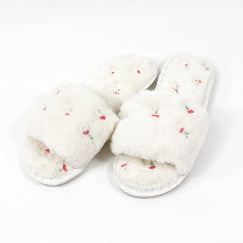 Cherry Plush Slippers - Cream