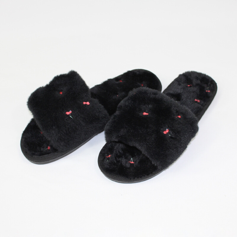 Cherry Plush Slippers - Black