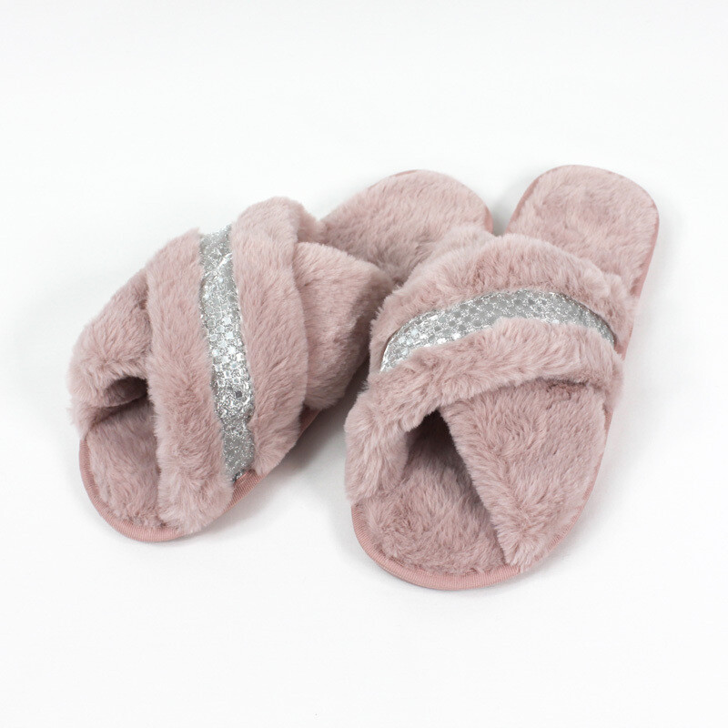 Silver Crossover Plush Slippers - Blush