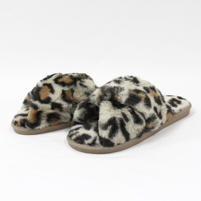 Crossover Plush Slippers - Cream Leopard