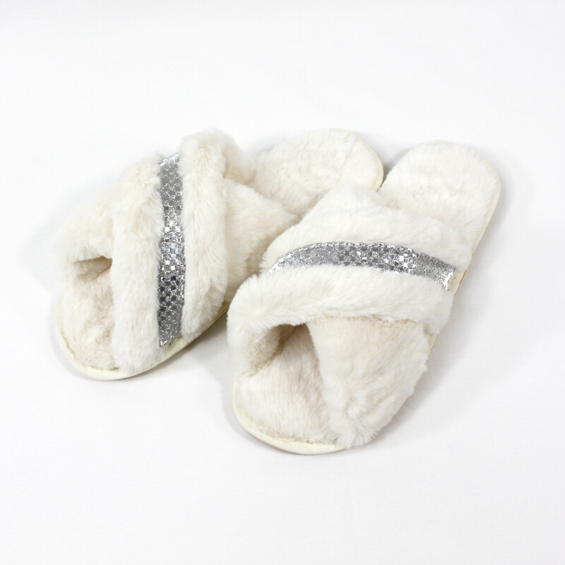 Silver Crossover Plush Slippers - Cream