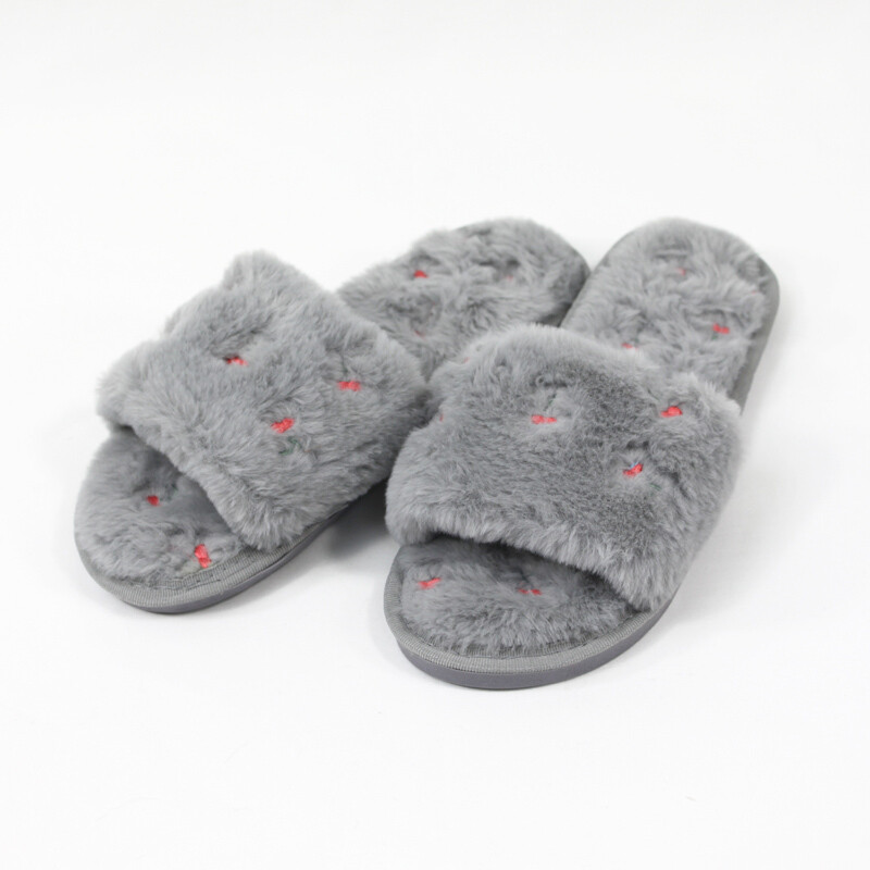 Cherry Plush Slippers - Grey