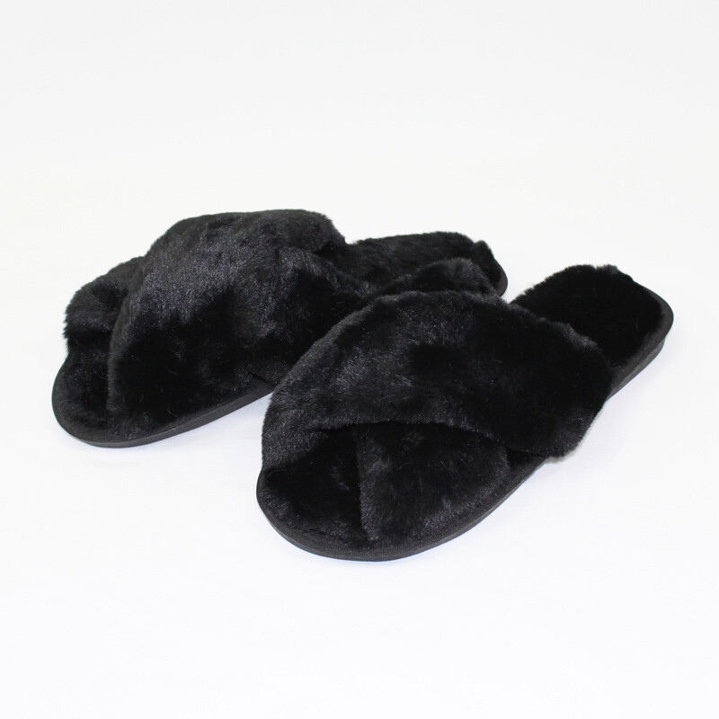 Crossover Plush Slippers - Black, Size: 38-39