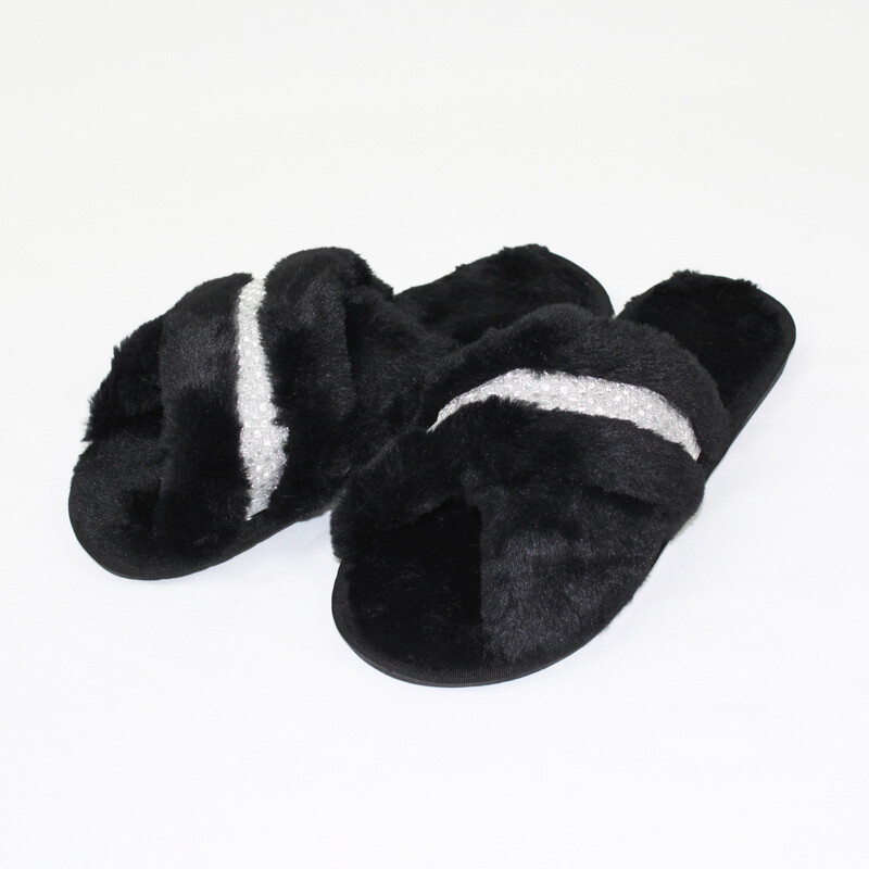 Silver Crossover Plush Slippers - Black