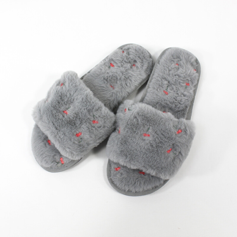 Cherry Plush Slippers - Grey