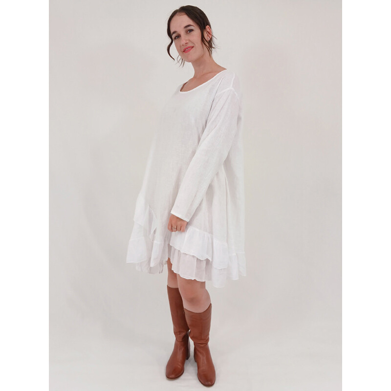 Sabina Long-sleeve Ruffle Top/Dress, Colour: White
