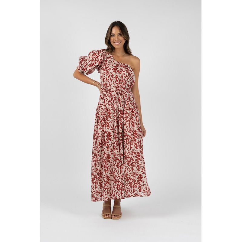 Eden One-Shoulder Dress - Brick Print