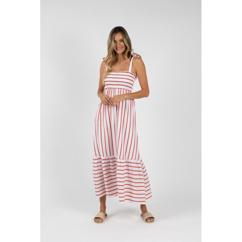 Santos Shirred Dress - Pink Strip