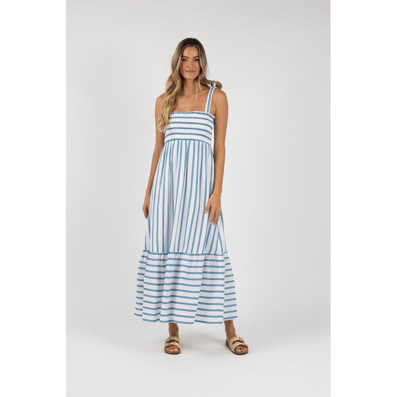 Santos Shirred Dress - Blue Strip