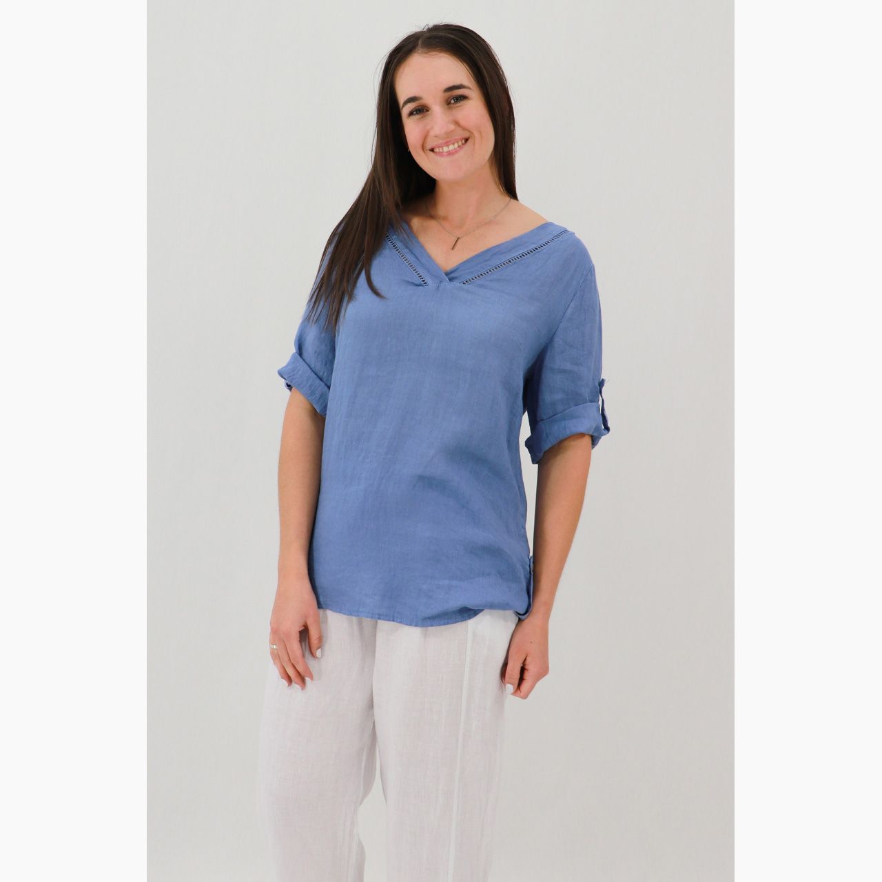 Nina Rolled Sleeve Top, Size: S/M, Colour: Bluebell