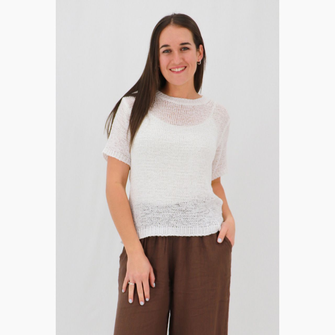 Sylvia Ribbon Knit Tee, Colour: White